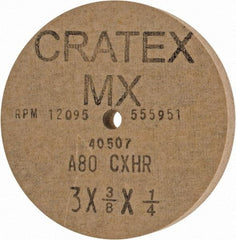 Cratex - 3" Diam x 1/4" Hole x 3/8" Thick, 80 Grit Surface Grinding Wheel - Aluminum Oxide, Type 1, Medium Grade, 12,095 Max RPM, No Recess - Exact Industrial Supply