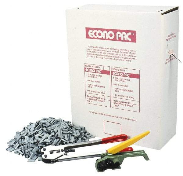 Value Collection - 9,000 Inch Long x 1/2 Inch Wide x 0.015 Inch Thick, Heavy Duty Polyproylene Strapping Kit - 400 Lbs Tensile Strength, Contains Self Dispensing Box, White Polypropylene Strapping, 1000 Seals, Tensioner Tool and Crimper Tool - Exact Industrial Supply