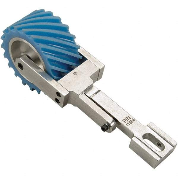 Dynabrade - 2" Wide Air Handheld Belt Sander Contact Arm & Wheel Assembly - 34" Belt Length x 2" Belt Width, Serrated, Urethane, 80" Contact Wheel Diam - Exact Industrial Supply