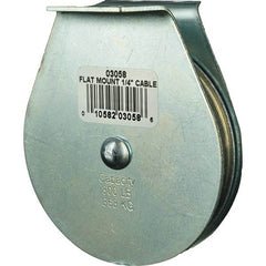 Block Division - 800 Lbs. Load Limit, Flat Standard Block - Upright Mount, Single Sheave, 3 Inch Outside Diameter, Wire Rope, 1/4 Inch Diameter, Eye, 7/8 Inch Inside Diameter, Carbon Steel, Zinc Plated Finish - Exact Industrial Supply