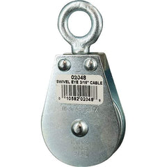 Block Division - 600 Lbs. Load Limit, Swivel Eye Standard Block - Single Sheave, 2 Inch Outside Diameter, Wire Rope, 3/16 Inch Diameter, Eye, 5/8 Inch Inside Diameter, Carbon Steel, Zinc Plated Finish - Exact Industrial Supply