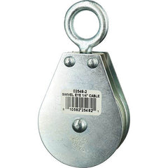 Block Division - 685 Lbs. Load Limit, Swivel Eye Standard Block - Double Sheave, 2-1/2 Inch Outside Diameter, Wire Rope, 1/4 Inch Diameter, Eye, 7/8 Inch Inside Diameter, Carbon Steel, Zinc Plated Finish - Exact Industrial Supply