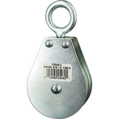 Block Division - 685 Lbs. Load Limit, Swivel Eye Snatch Block - Double Sheave, 2-1/2 Inch Outside Diameter, Wire Rope, 1/4 Inch Diameter, Eye, 7/8 Inch Inside Diameter, Carbon Steel, Zinc Plated Finish - Exact Industrial Supply