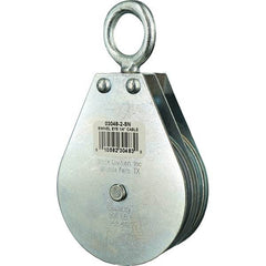 Block Division - 800 Lbs. Load Limit, Swivel Eye Snatch Block - Double Sheave, 3 Inch Outside Diameter, Wire Rope, 1/4 Inch Diameter, Eye, 7/8 Inch Inside Diameter, Carbon Steel, Zinc Plated Finish - Exact Industrial Supply