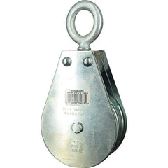 Block Division - 1, 550 Lbs. Load Limit, Swivel Eye Snatch Block - Double Sheave, 3-3/4 Inch Outside Diameter, Wire Rope, 5/16 Inch Diameter, Eye, 1-3/16 Inch Inside Diameter, Carbon Steel, Zinc Plated Finish - Exact Industrial Supply
