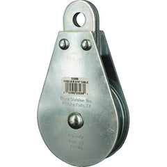 Block Division - 1, 550 Lbs. Load Limit, Rigid Eye Block - Single Sheave, 3-1/2 Inch Outside Diameter, Wire Rope, 5/16 Inch Diameter, Eye, 9/16 Inch Inside Diameter, Carbon Steel, Zinc Plated Finish - Exact Industrial Supply