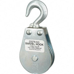 Block Division - 600 Lbs. Load Limit, Swivel Hook Block - Single Sheave, 2-1/8 Inch Outside Diameter, Wire Rope, 3/16 Inch Diameter, Eye, 3/8 Inch Inside Diameter, Carbon Steel, Zinc Plated Finish - Exact Industrial Supply