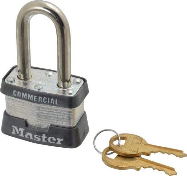 Master Lock - 1-1/2" Shackle Clearance, Keyed Different Padlock - 5/8" Shackle Width, 9/32" Shackle Diam, Laminated Steel - Exact Industrial Supply