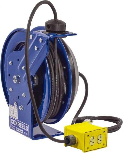 CoxReels - 12 AWG, 100' Cable Length, Cord & Cable Reel with Quad Outlet End - 4 Outlets, NEMA 5-20R, 20 Amps, 115 Volts, SJO Cable, Blue Reel, Spring Driven Reel - Exact Industrial Supply