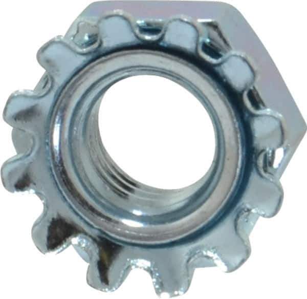 Value Collection - 1/4-28, Zinc Plated, Steel Hex Nut with External Tooth Washer - 1/2" Washer Diam, 7/16" Width Across Flats - Exact Industrial Supply