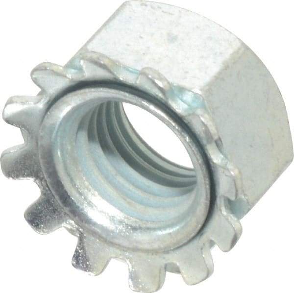 Value Collection - 5/16-24, Zinc Plated, Steel Hex Nut with External Tooth Washer - 0.61" Washer Diam, 1/2" Width Across Flats, ASME B18.21.1 Fastner Standard, Rockwell C40 to C50 Hardness, Grade SAE 1050 - Exact Industrial Supply