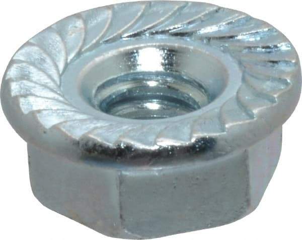 Value Collection - #10-24, 1/2" Flange Diam, Serrated Flange Nut - Grade Grade 2 Steel, Zinc-Plated Finish, 7/32" Flange Height - Exact Industrial Supply