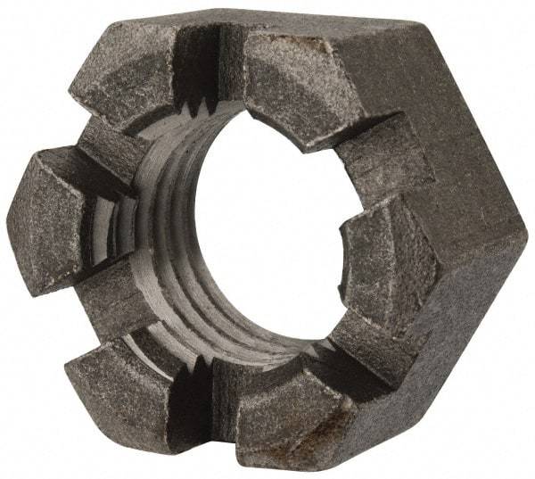Value Collection - 1-1/8 - 7 UNC Grade 2 Steel Slotted Locknut - 1-11/16" Width Across Flats, 29/32" High, Uncoated - Exact Industrial Supply