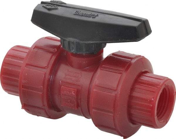NIBCO - 1/2" Pipe, Full Port, PVDF True Union Design Ball Valve - 1 Piece, Inline - One Way Flow, FNPT x FNPT Ends, Wedge Handle, 150 WOG - Exact Industrial Supply