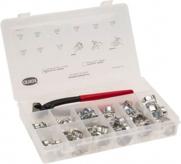 Oetiker - 124 Piece, 5/16 to 1" Diam, 2-Ear Service Clamp Kit - 123 Clamps & 1 Standard Jaw Pincers - Exact Industrial Supply