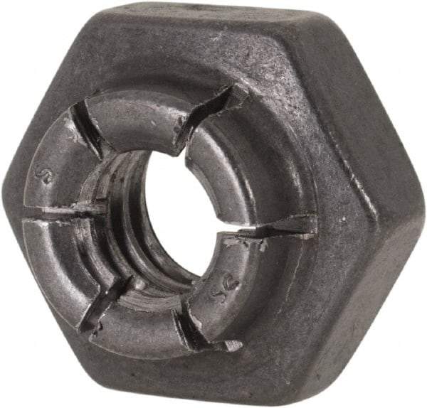 Flex-Loc - 1/4-20 UNC Grade 2 Heavy Hex Lock Nut with Expanding Flex Top - 19/64" High, Uncoated, Meets Military Specifications - Exact Industrial Supply
