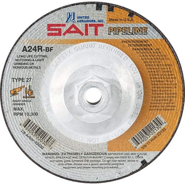Sait - 24 Grit, 5" Wheel Diam, 1/8" Wheel Thickness, Type 27 Depressed Center Wheel - Aluminum Oxide, Resinoid Bond, R Hardness, 12,200 Max RPM, Compatible with Angle Grinder - Exact Industrial Supply