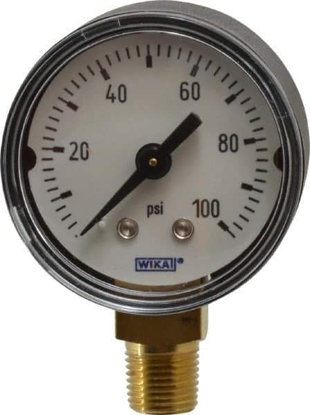 Wika - 1-1/2" Dial, 1/8 Thread, 0-100 Scale Range, Pressure Gauge - Lower Connection Mount, Accurate to 3-2-3% of Scale - Exact Industrial Supply