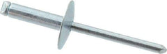 RivetKing - Size 68 Large Flange Dome Head Steel Open End Blind Rivet - Steel Mandrel, 0.376" to 1/2" Grip, 5/8" Head Diam, 0.192" to 0.196" Hole Diam, 0.7" Length Under Head, 3/16" Body Diam - Exact Industrial Supply