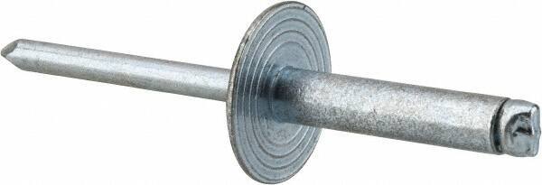 RivetKing - Size 610 Large Flange Dome Head Steel Open End Blind Rivet - Steel Mandrel, 0.501" to 5/8" Grip, 5/8" Head Diam, 0.192" to 0.196" Hole Diam, 0.825" Length Under Head, 3/16" Body Diam - Exact Industrial Supply