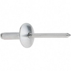 RivetKing - Size 68 Large Flange Dome Head Aluminum Open End Blind Rivet - Aluminum Mandrel, 0.376" to 1/2" Grip, 5/8" Head Diam, 0.192" to 0.196" Hole Diam, 0.7" Length Under Head, 3/16" Body Diam - Exact Industrial Supply