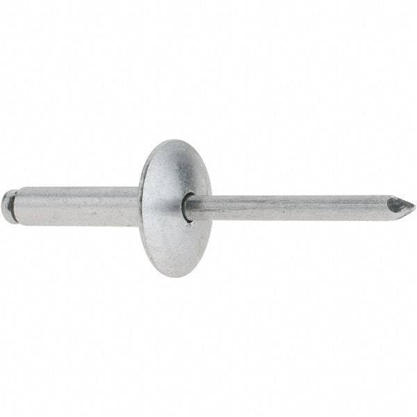 RivetKing - Size 610 Large Flange Dome Head Aluminum Open End Blind Rivet - Aluminum Mandrel, 0.501" to 5/8" Grip, 5/8" Head Diam, 0.192" to 0.196" Hole Diam, 0.825" Length Under Head, 3/16" Body Diam - Exact Industrial Supply