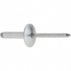 RivetKing - Size 610 Large Flange Dome Head Aluminum Open End Blind Rivet - Aluminum Mandrel, 0.501" to 5/8" Grip, 5/8" Head Diam, 0.192" to 0.196" Hole Diam, 0.825" Length Under Head, 3/16" Body Diam - Exact Industrial Supply