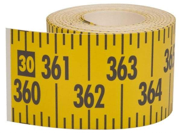Made in USA - 60 Ft. Long x 3 Inch Wide, 1/4 Inch Graduation, Yellow, Mylar Adhesive Tape Measure - Reads Left to Right, Horizontal Scale - Exact Industrial Supply