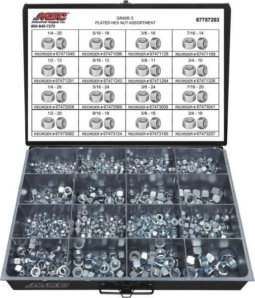 Value Collection - 1/4-20 to 3/4-16 Thread, 870 Piece Alloy Steel Nut Assortment - Grade 5 - Exact Industrial Supply
