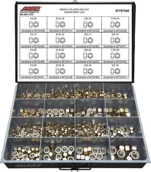 Value Collection - 1/4-20 to 3/4-16 Thread, 765 Piece Alloy Steel Nut Assortment - Grade 8 - Exact Industrial Supply