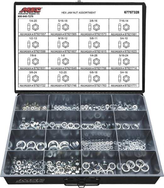 Value Collection - 1/4-20 to 3/4-16 Thread, 425 Piece Steel Nut Assortment - Grade 2 - Exact Industrial Supply