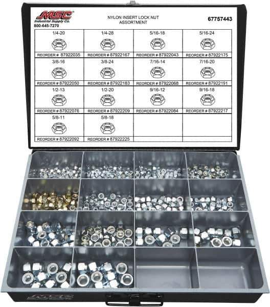 Value Collection - 1/4-20 to 5/8-18 Thread, 435 Piece Steel Nut Assortment - Grade 2 - Exact Industrial Supply