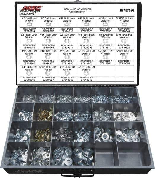 Value Collection - 3529 Piece, No. 6, 5/8" Screw, Grade 2 Steel Flat & Split Lock Washer Assortment - Includes 1/4 to 12" Screw & Compartmented Storage Case - Exact Industrial Supply