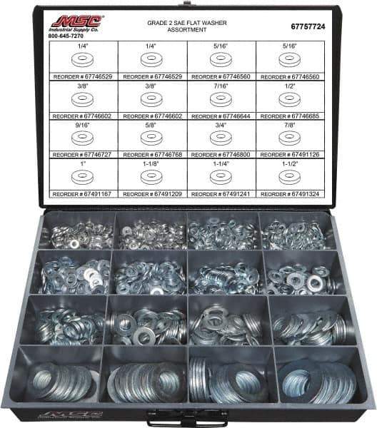 Value Collection - 1840 Piece, 1/4 to 1-1/2" Screw, Grade 2 Steel SAE Flat Washer Assortment - Includes 1/4 to 1-1/2" Screw & Compartmented Storage Case - Exact Industrial Supply