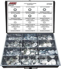 Value Collection - 1275 Piece, No. 10, 1/2" Screw, Grade 2 Steel Fender & Flat Washer Assortment - Includes 1/4 to 5/16 x 1-1/2" Screw & Compartmented Storage Case - Exact Industrial Supply