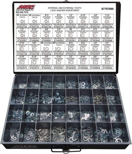 Value Collection - 2550 Piece, No. 6, 3/4" Screw, Grade 2 Steel External & Internal Tooth Lock Washer Assortment - Includes 1/4 to 12" Screw & Compartmented Storage Case - Exact Industrial Supply