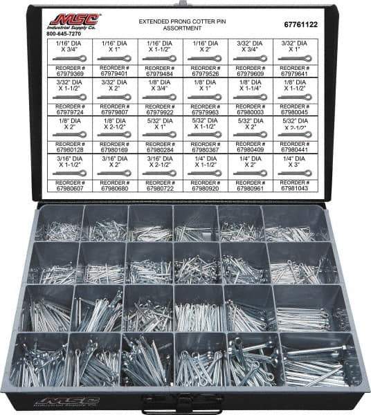 Value Collection - 2,325 Piece, 1/16 to 1/4" Pin Diam, Extended Prong Cotter Pin Assortment - 3/4 to 3" Long, Grade 2 Steel - Exact Industrial Supply