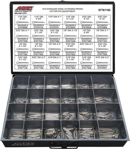 Value Collection - 1,250 Piece, 1/16 to 3/16" Pin Diam, Extended Prong Cotter Pin Assortment - 1/2 to 2" Long, 18-8 Stainless Steel - Exact Industrial Supply