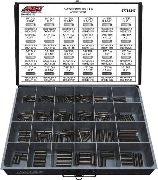 Value Collection - 320 Piece, 1/4 to 1/2" Pin Diam, Spring Pin Assortment - 1-3/4 to 2" Long, Grade 2 Steel - Exact Industrial Supply