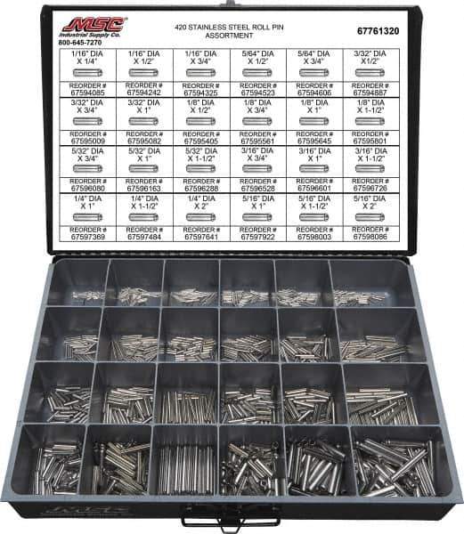 Value Collection - 115 Piece, 1/16 to 5/16" Pin Diam, Dowel Pin Assortment - 1/4 to 2" Long, 402 Stainless Steel - Exact Industrial Supply