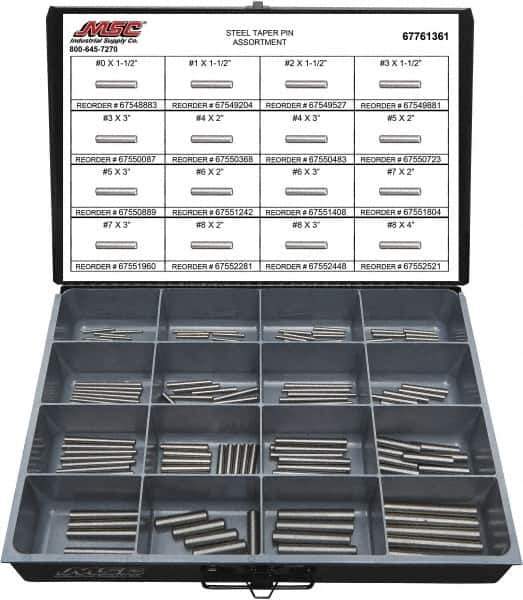 Value Collection - 130 Piece, #0 to #8" Pin Diam, Taper Pin Assortment - 1-1/2 to 4" Long, Grade 2 Steel - Exact Industrial Supply