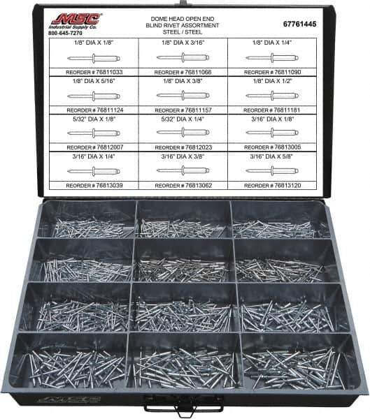 Value Collection - 1,100 Piece, 1/8 to 3/16" Hole Diam, Dome Head, Steel Blind Rivet Assortment - 1/8 to 5/8" Length, Steel Mandrel - Exact Industrial Supply