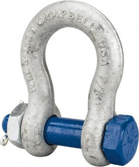 Campbell - 7/8" Nominal Chain Size, 6.5 Ton Carbon Steel Bolt Anchor Shackle - 7/8" Diam, 7/8" Pin Diam, 3-1/8" High x 1-7/16" Wide Inside Jaw, 2-1/16" Inside Width, 2" Max Body Thickness - Exact Industrial Supply