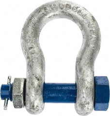 Campbell - 1" Nominal Chain Size, 8.5 Ton Carbon Steel Bolt Anchor Shackle - 1" Diam, 1" Pin Diam, 3-3/4" High x 1-11/16" Wide Inside Jaw, 2-1/2" Inside Width, 2-3/8" Max Body Thickness - Exact Industrial Supply