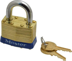 Master Lock - 15/16" Shackle Clearance, Keyed Alike Laminated Brass Padlock - 5/16" Shackle Diam, Brass - Exact Industrial Supply