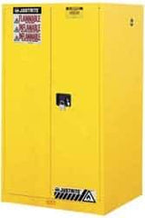 Justrite - 2 Door, 2 Shelf, Yellow Steel Standard Safety Cabinet for Flammable and Combustible Liquids - 65" High x 34" Wide x 34" Deep, Manual Closing Door, 3 Point Key Lock, 60 Gal Capacity - Exact Industrial Supply