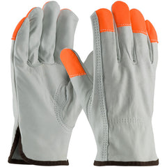 ‎68-163HV/M Leather Drivers Gloves - TG Cowhide - Regular Grade - Hi-Vis Orange Fingertips - Keystone Thumb - Exact Industrial Supply