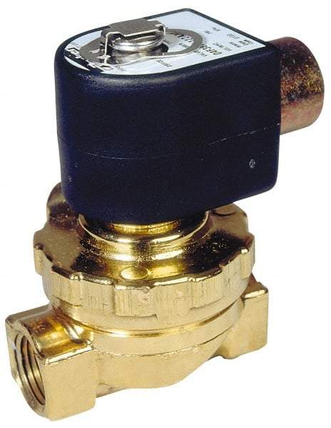 Parker - 3/8" Port, Two Way, Piloted Diaphragm, Brass Solenoid Valve - Normally Closed, 125 Max PSI, PTFE Seal - Exact Industrial Supply