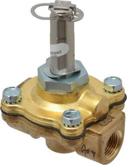 Parker - 3/8" Port, Two Way, Piloted Diaphragm, Brass Solenoid Valve - Normally Closed, 80 Max PSI, PTFE Seal - Exact Industrial Supply