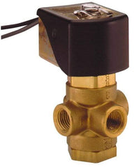 Parker - 1/4" Port, Three Way, Direct Acting, Brass Solenoid Valve - Universal, 125 Max PSI, NBR Seal - Exact Industrial Supply